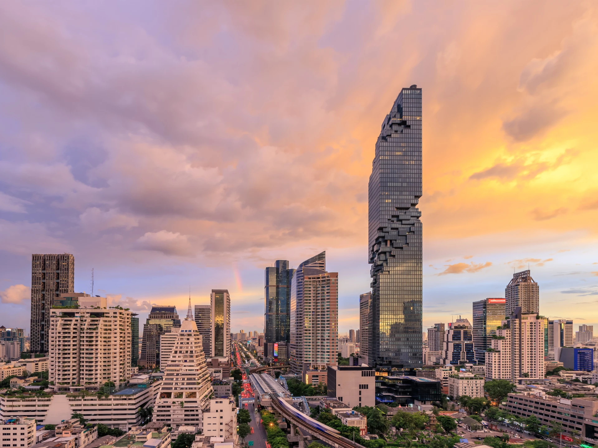Bangkok skyline at sunset with King Power Mahanakhon