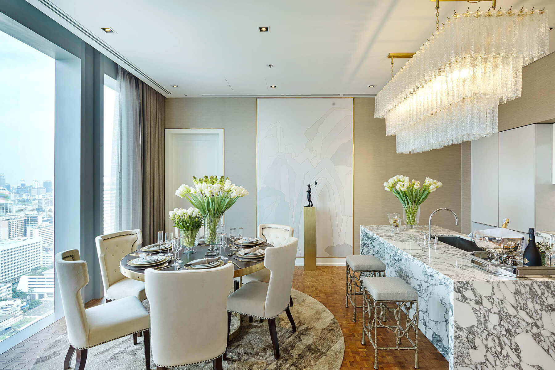 Luxury Dining Room with Marble Kitchen Island
