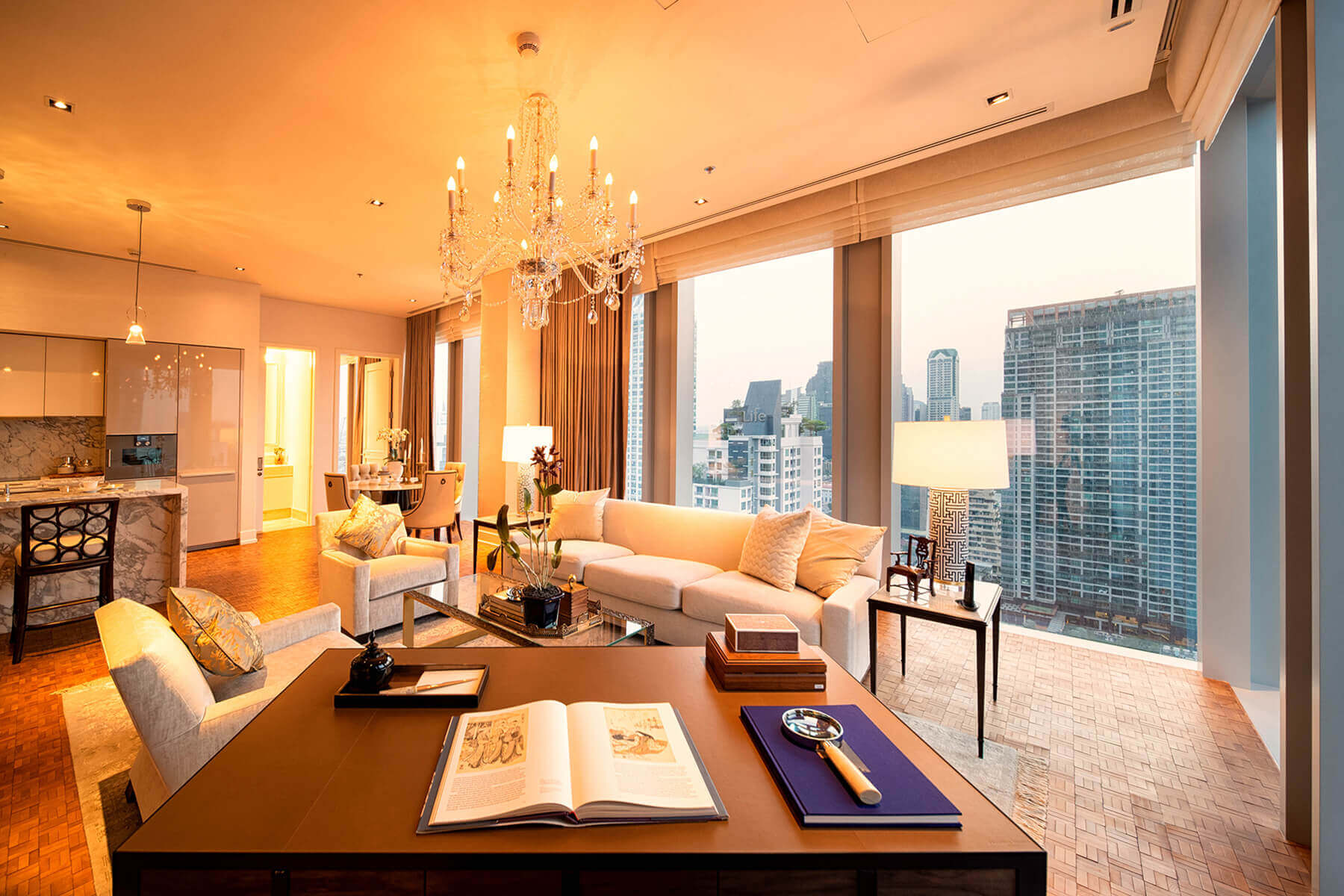 Luxury High-Rise Living Room with City Skyline View