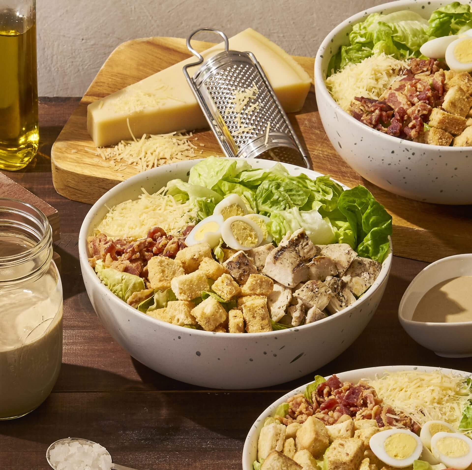 Caesar Salad with Chicken, Bacon, and Quail Eggs