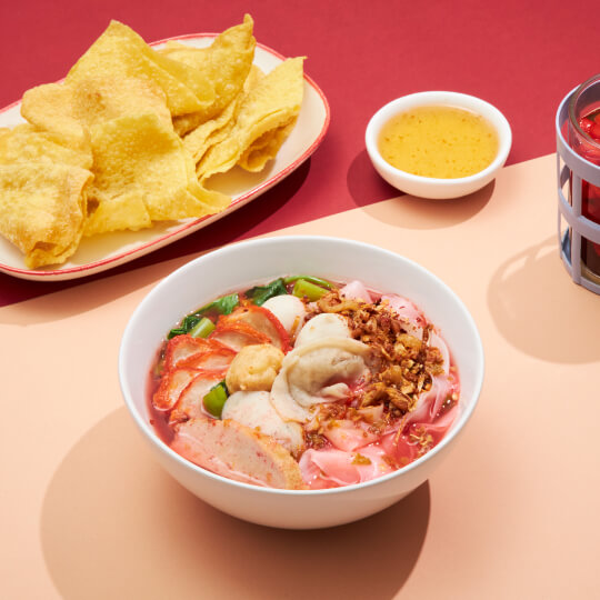Yentafo Pink Noodle Soup with Fishballs and Wontons