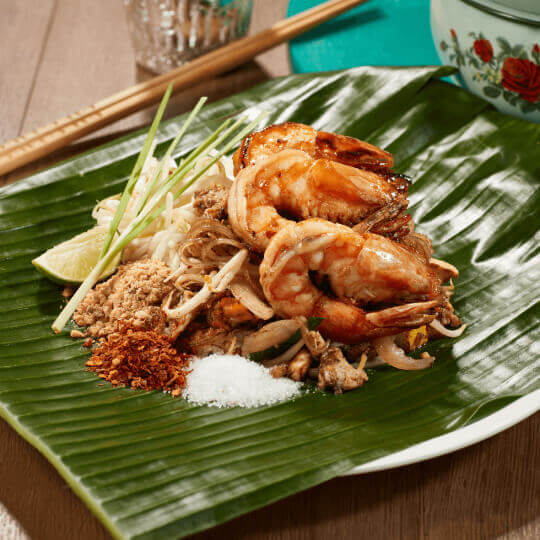 Seafood Pad Thai on Banana Leaf