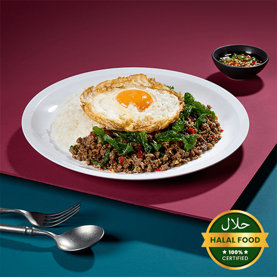 Halal Thai Basil Minced Meat with Rice and Fried Egg