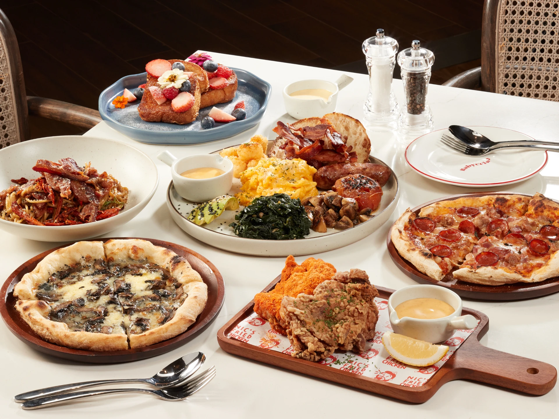 All Day Breakfast Brunch Pizza Pasta Table Spread